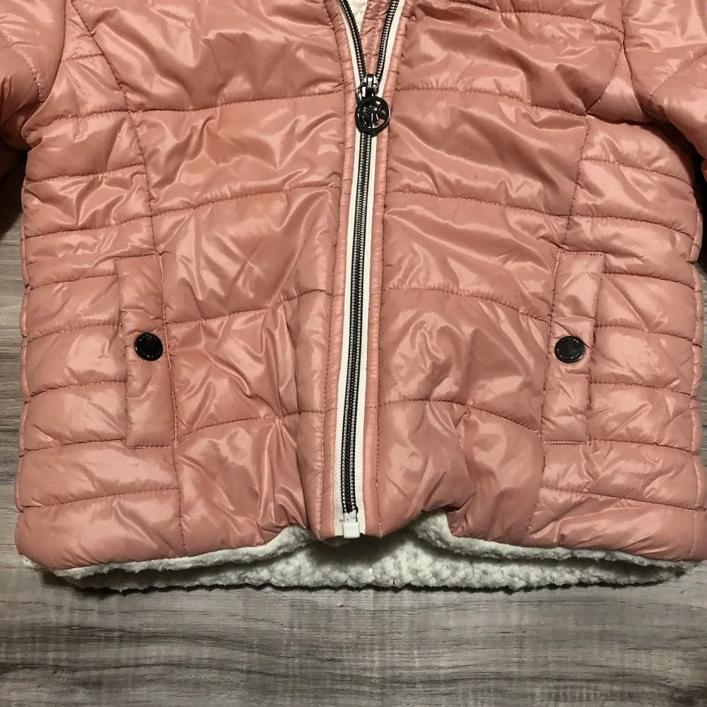 MICHAEL KORS Girls Puffer Zip Jacket Hooded Faux Fur Lined Blush Pink Sz‎ 6X EUC